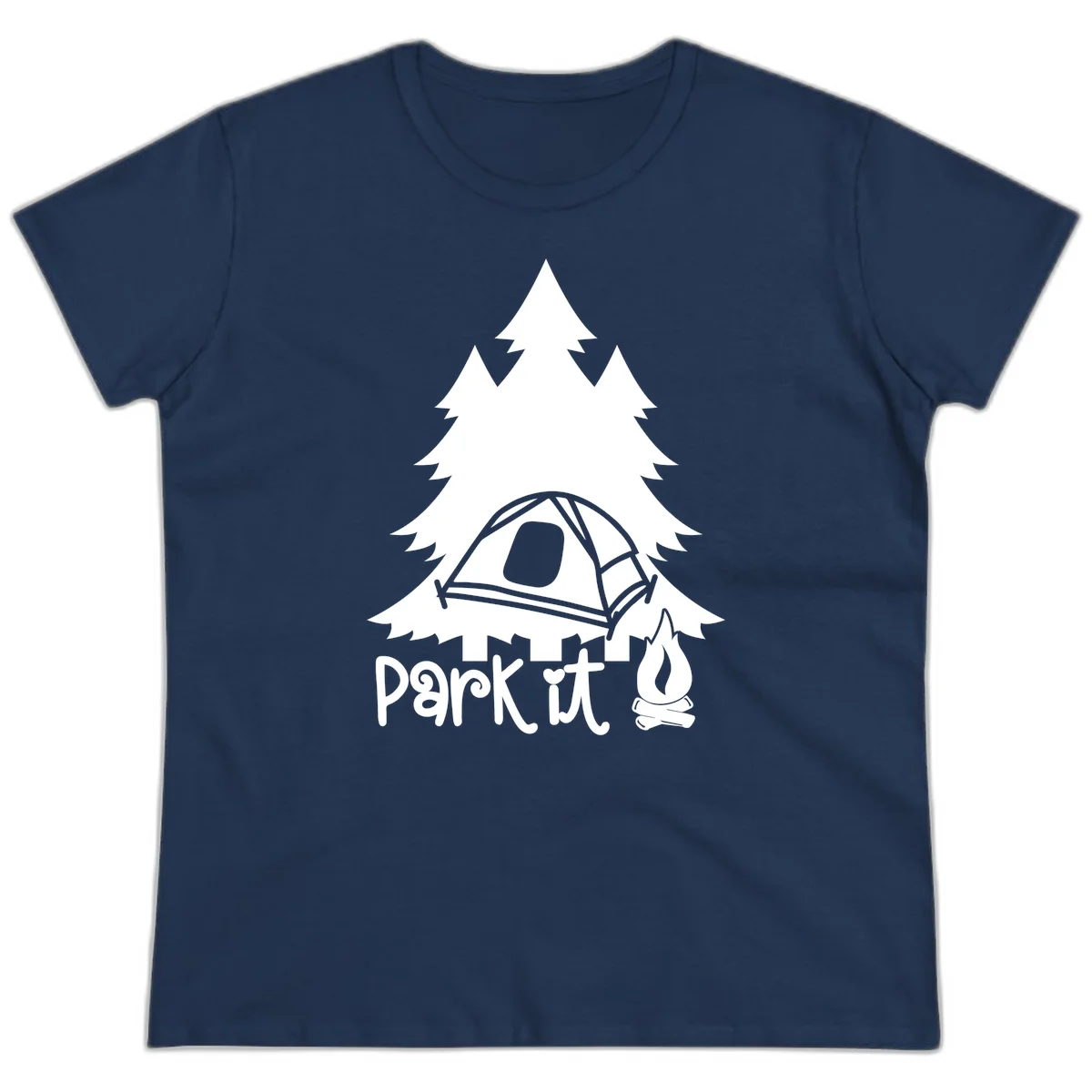 Park it camping design with evergreen trees, pitched tent, and campfire illustration with text in Navy