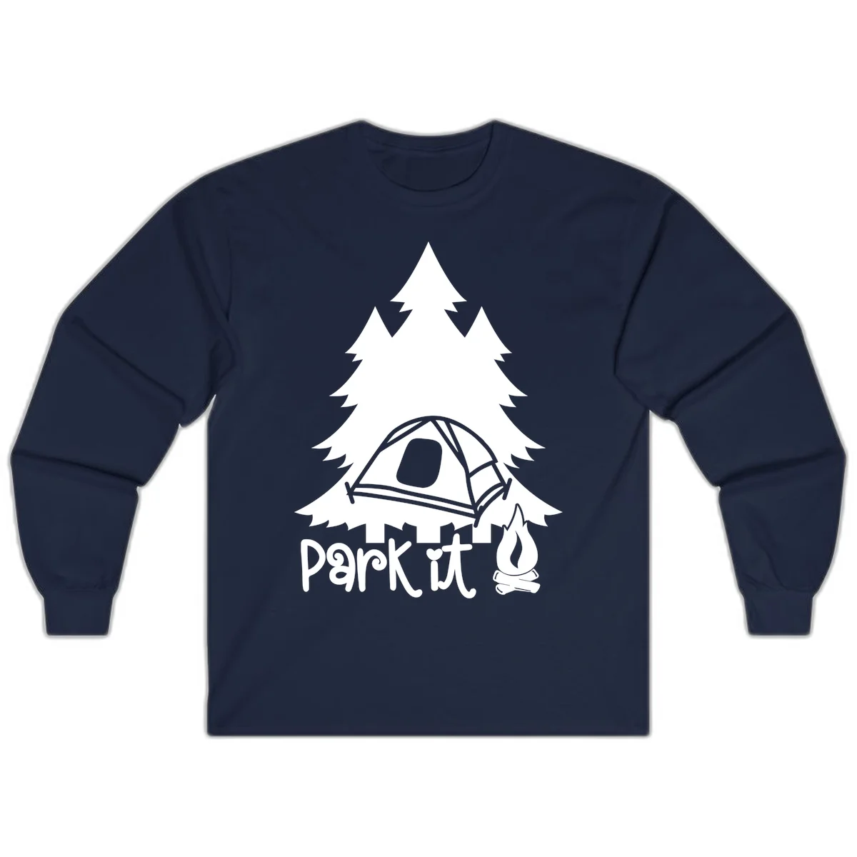 Park it camping design with evergreen trees, pitched tent, and campfire illustration with text in Navy