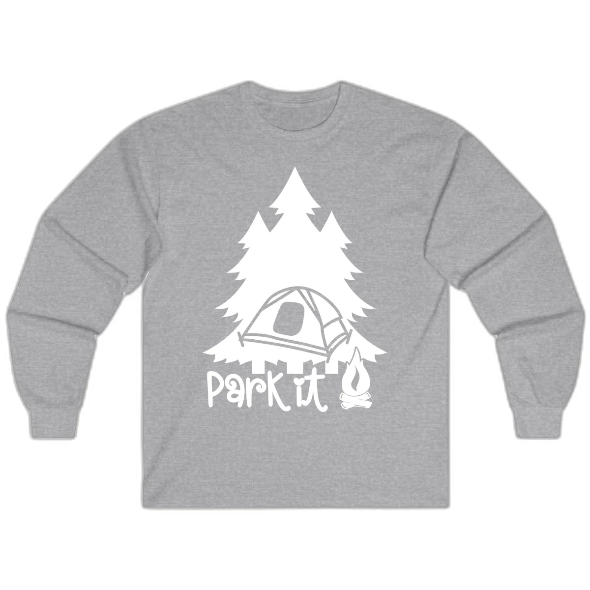 Park it camping design with evergreen trees, pitched tent, and campfire illustration with text in Sport Grey