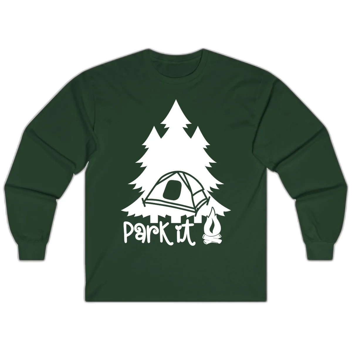 Park it camping design with evergreen trees, pitched tent, and campfire illustration with text in Forest Green