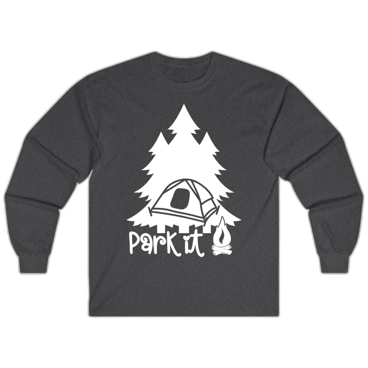 Park it camping design with evergreen trees, pitched tent, and campfire illustration with text in Dark Heather