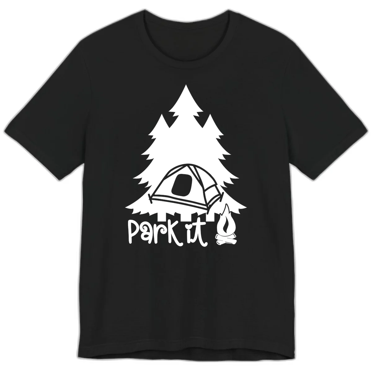 Park it camping design with evergreen trees, pitched tent, and campfire illustration with text in Black