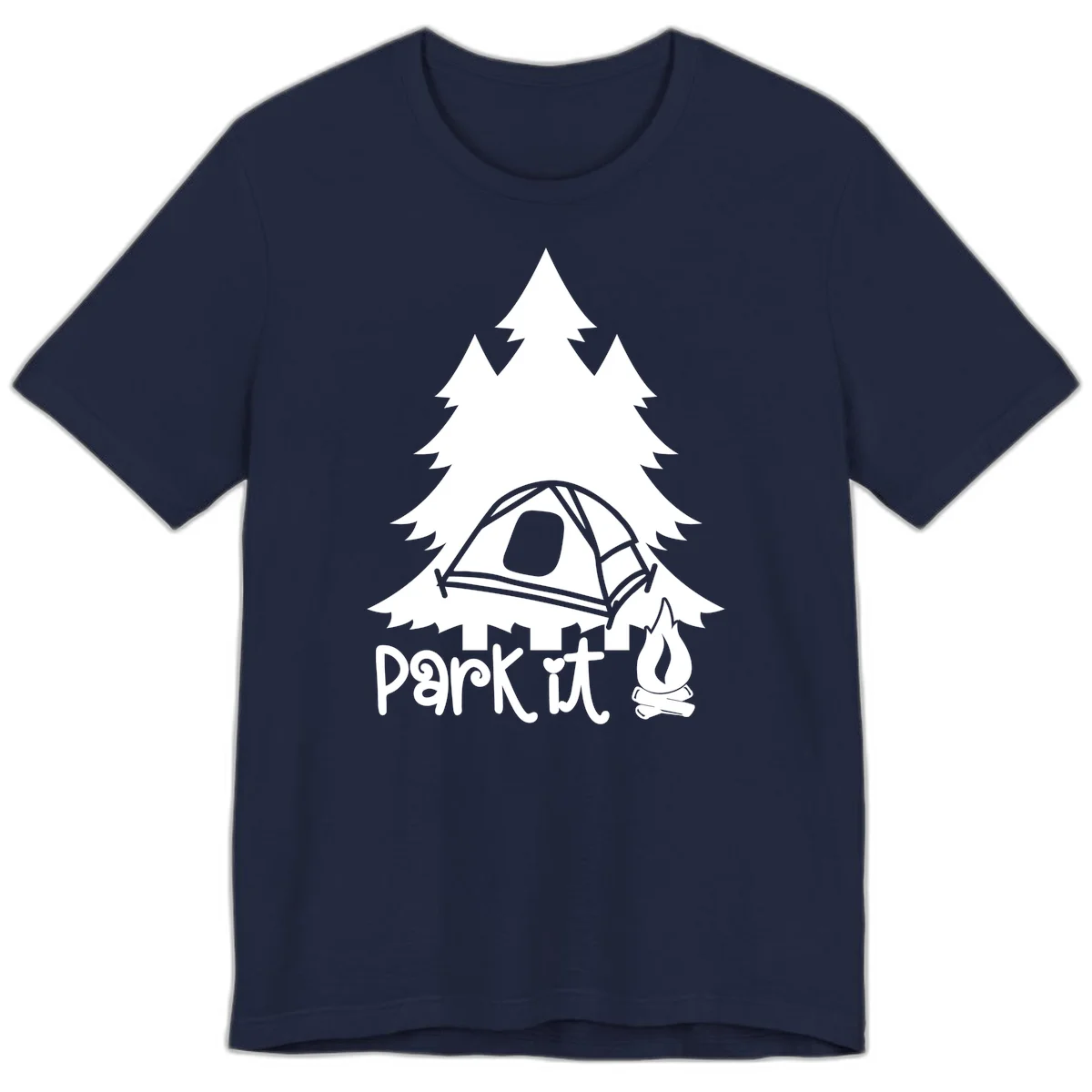 Park it camping design with evergreen trees, pitched tent, and campfire illustration with text in Navy