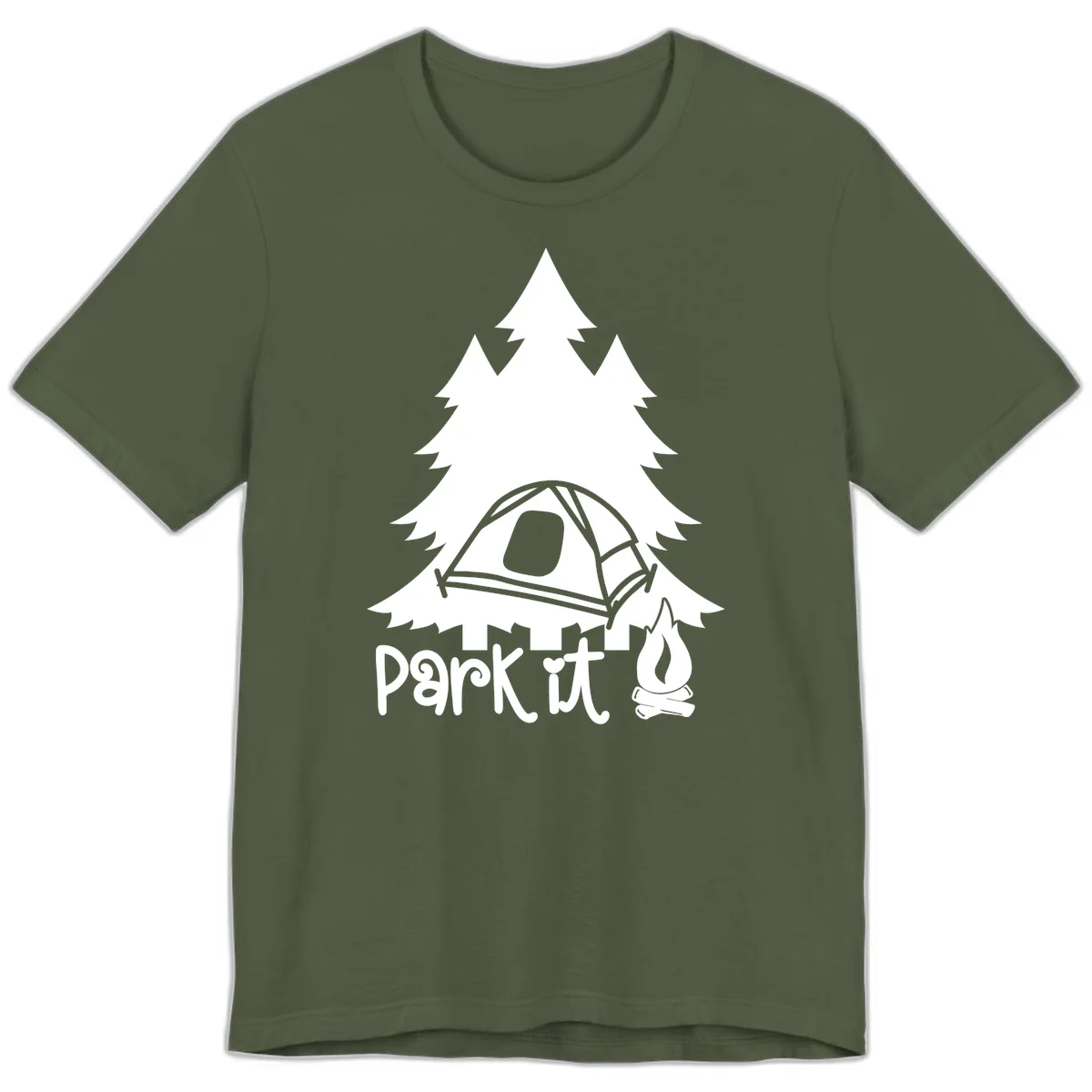 Park it camping design with evergreen trees, pitched tent, and campfire illustration with text in Military Green