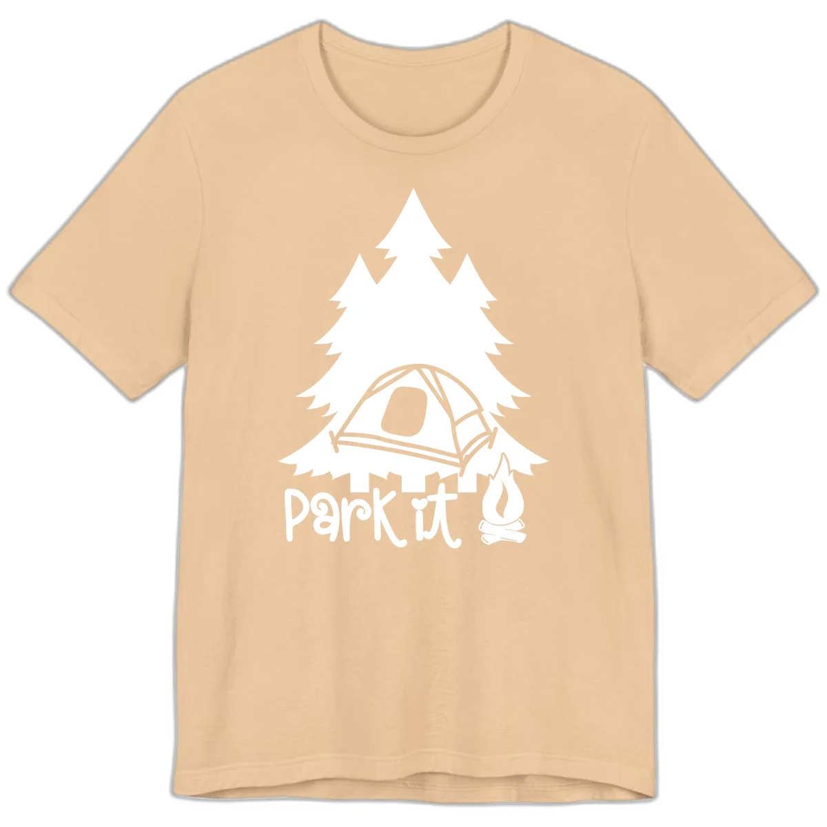 Park it camping design with evergreen trees, pitched tent, and campfire illustration with text in Sand Dune