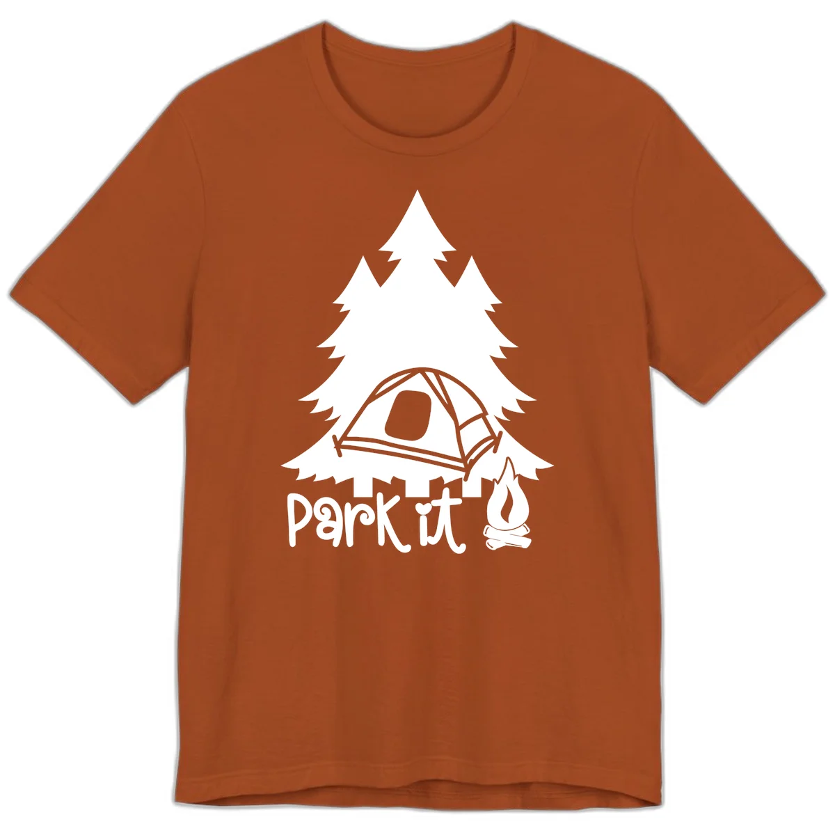 Park it camping design with evergreen trees, pitched tent, and campfire illustration with text in Autumn