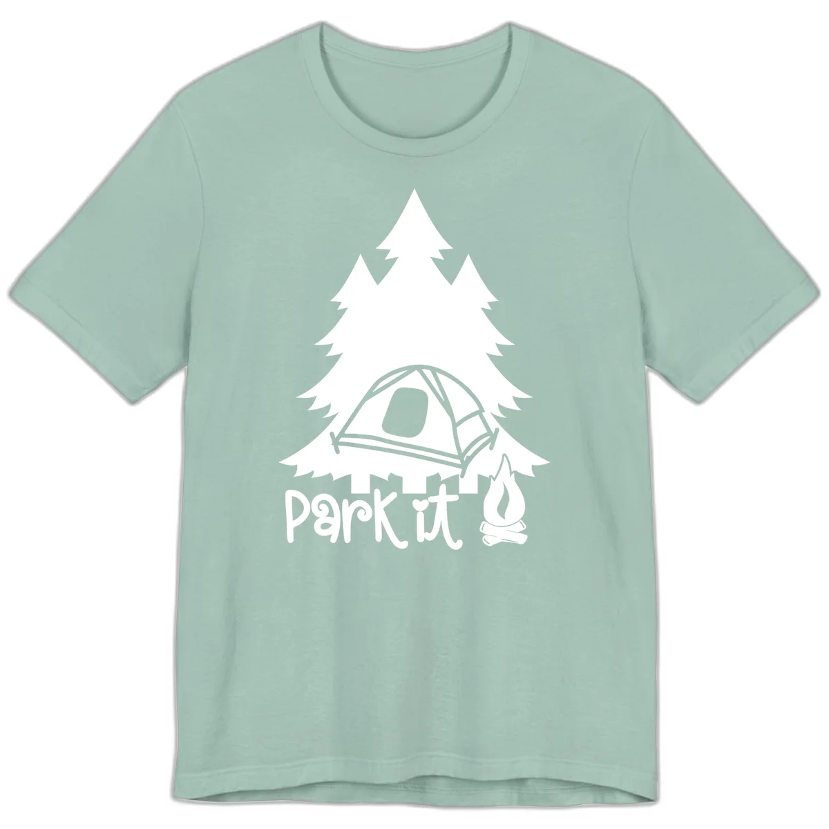 Park it camping design with evergreen trees, pitched tent, and campfire illustration with text in Dusty Blue