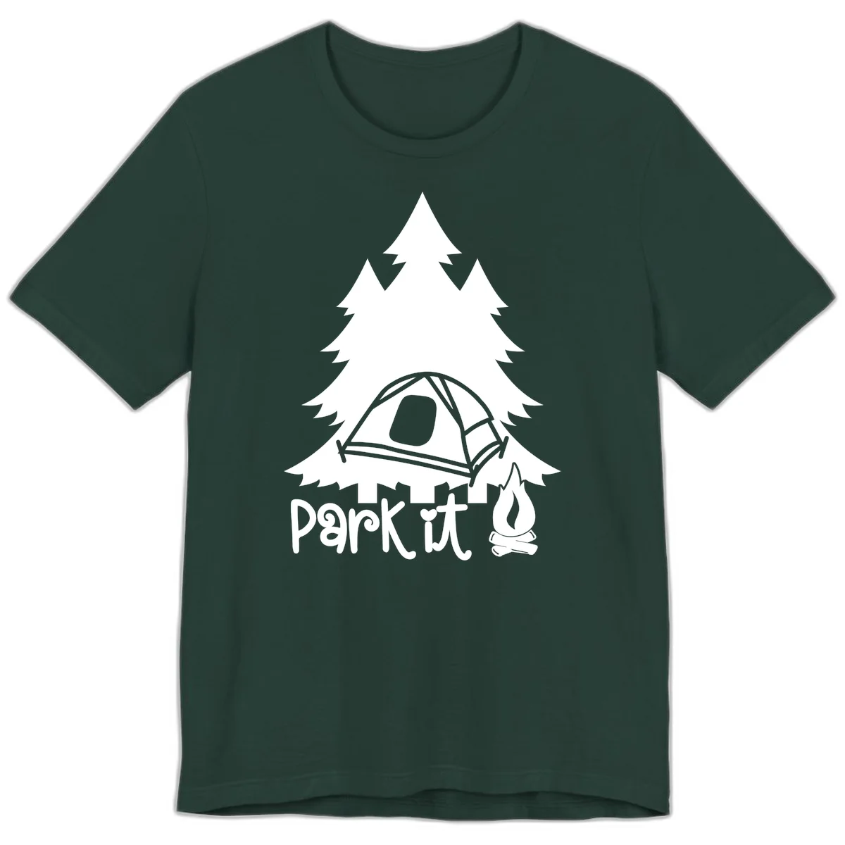 Park it camping design with evergreen trees, pitched tent, and campfire illustration with text in Forest