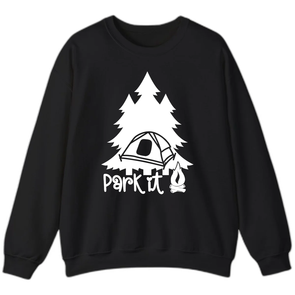 Park it camping design with evergreen trees, pitched tent, and campfire illustration with text in Black