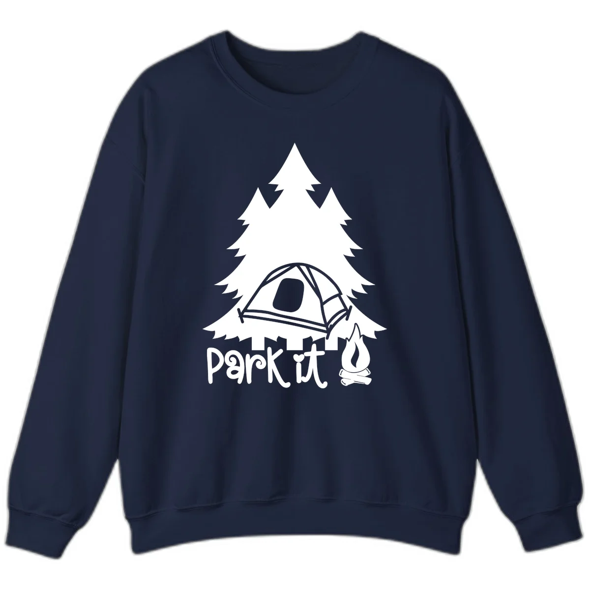 Park it camping design with evergreen trees, pitched tent, and campfire illustration with text in Navy