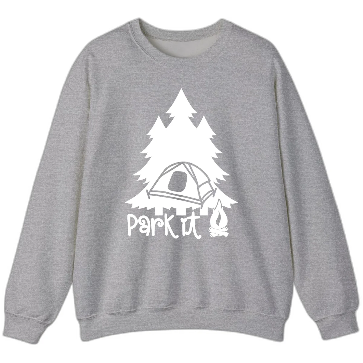 Park it camping design with evergreen trees, pitched tent, and campfire illustration with text in Sport Grey