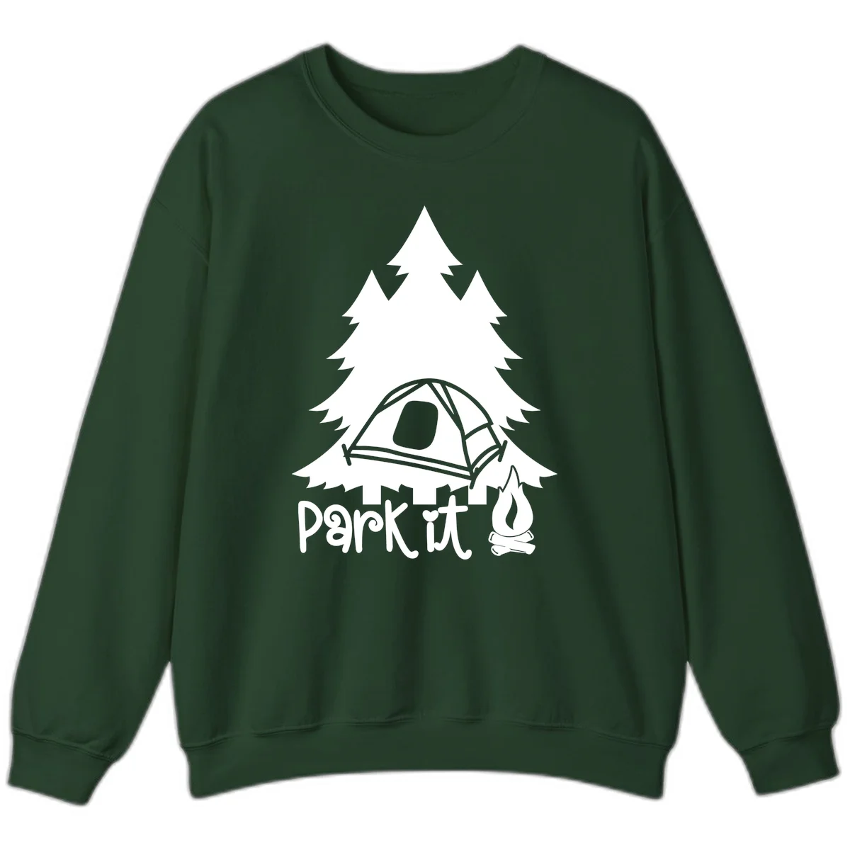 Park it camping design with evergreen trees, pitched tent, and campfire illustration with text in Forest Green