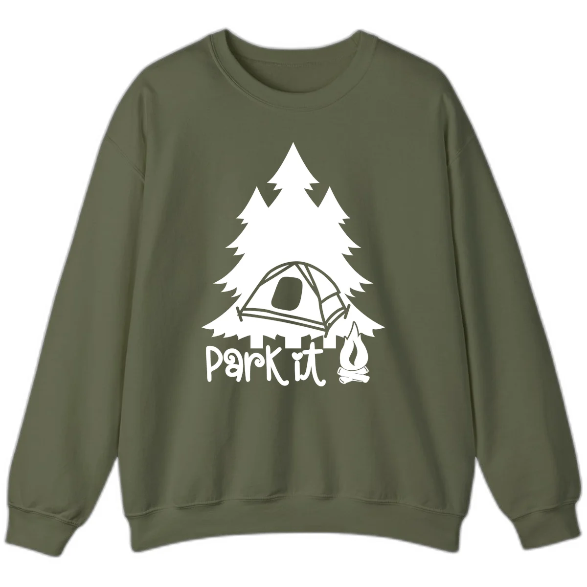 Park it camping design with evergreen trees, pitched tent, and campfire illustration with text in Military Green