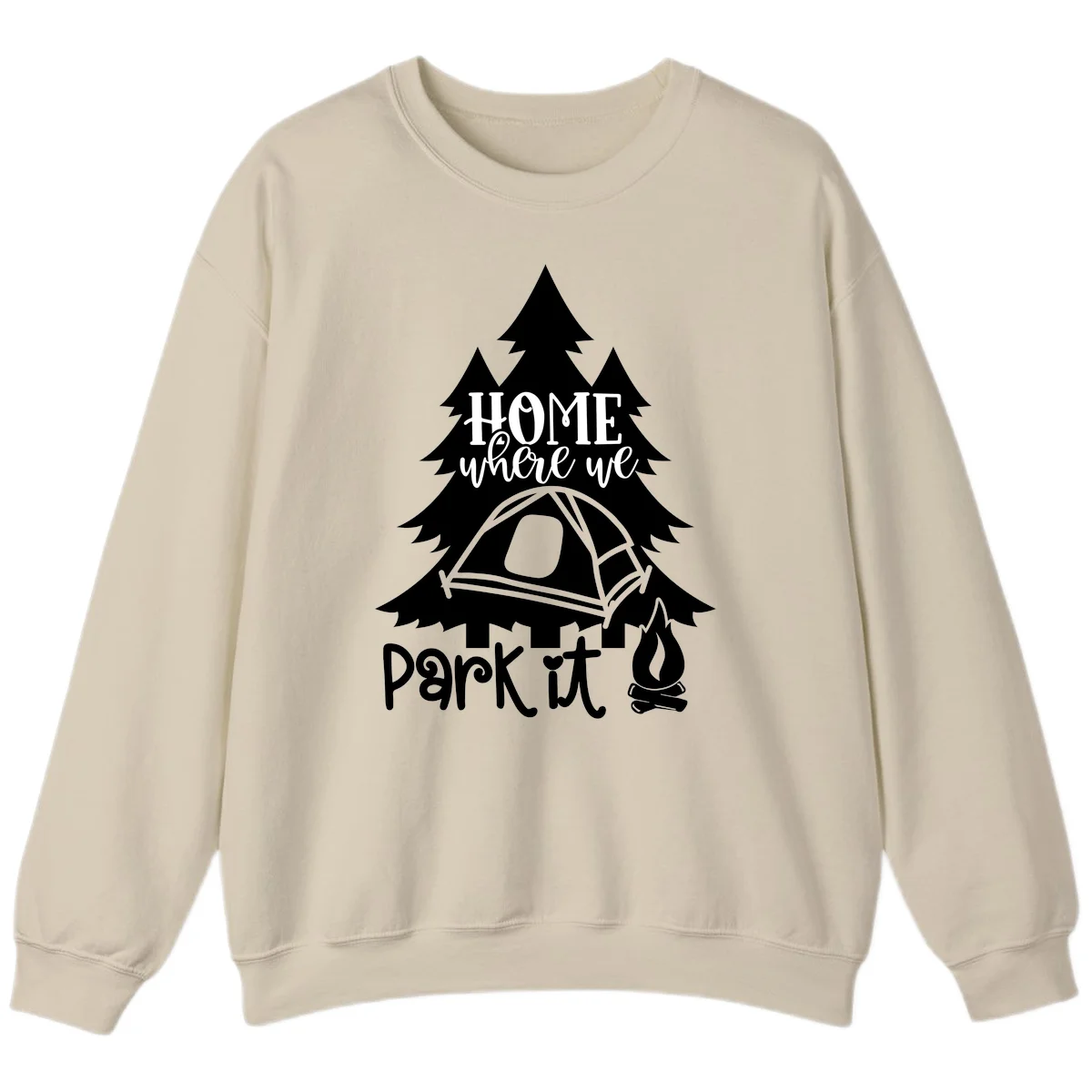 Park it camping design with evergreen trees, pitched tent, and campfire illustration with text in Sand
