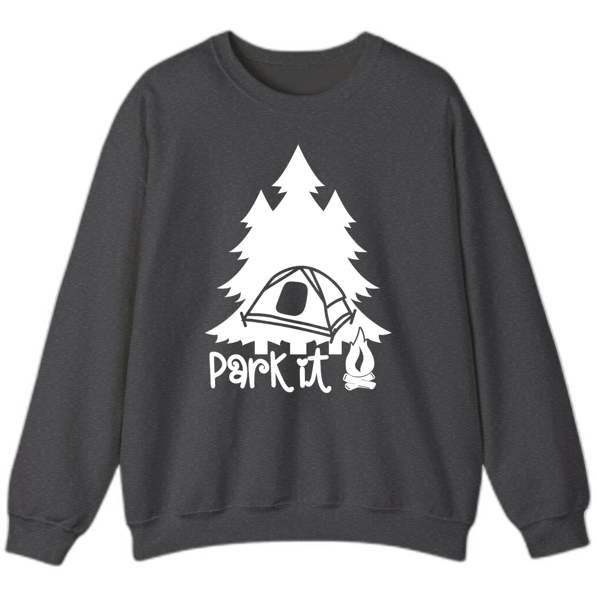 Park it camping design with evergreen trees, pitched tent, and campfire illustration with text in Dark Heather