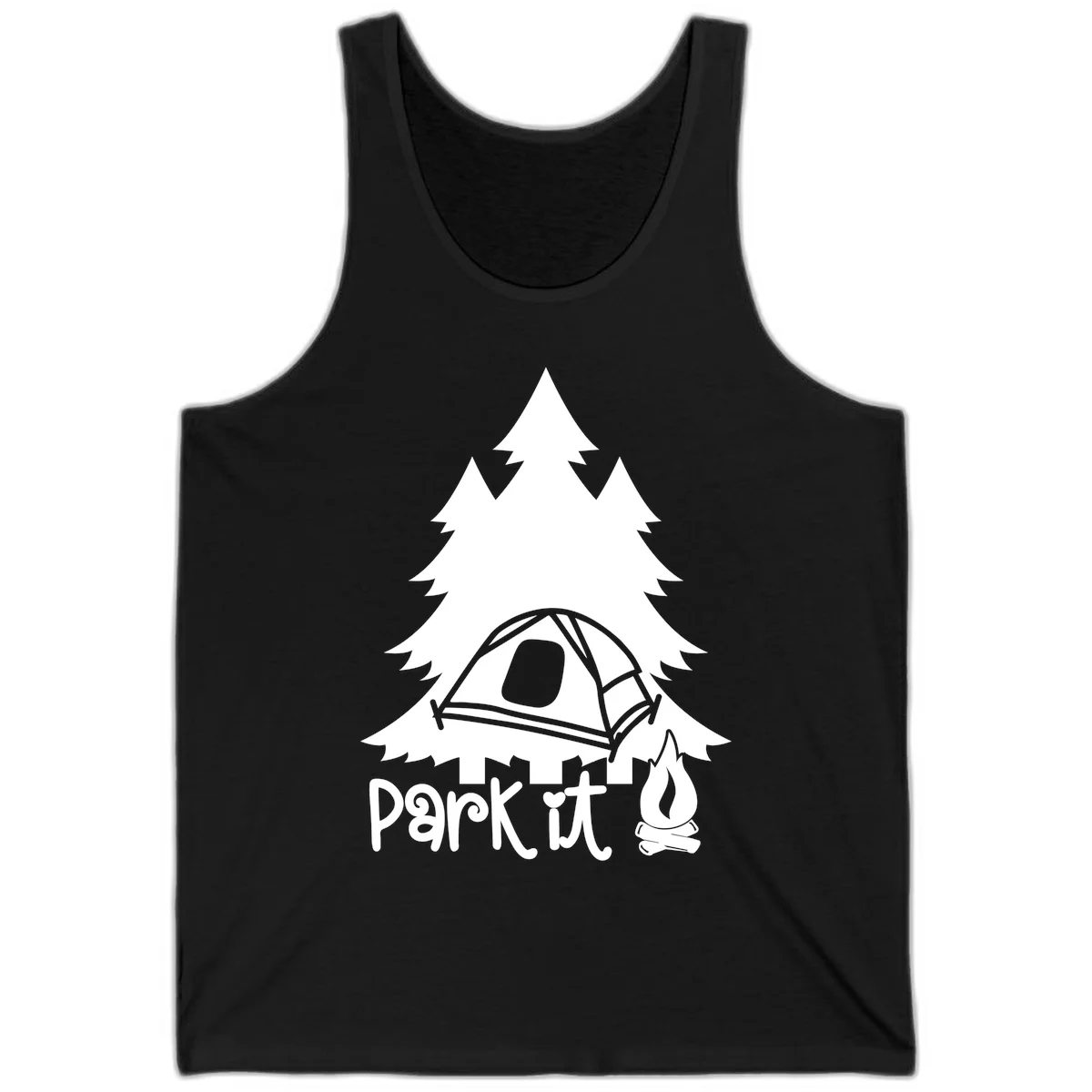 Park it camping design with evergreen trees, pitched tent, and campfire illustration with text in Black