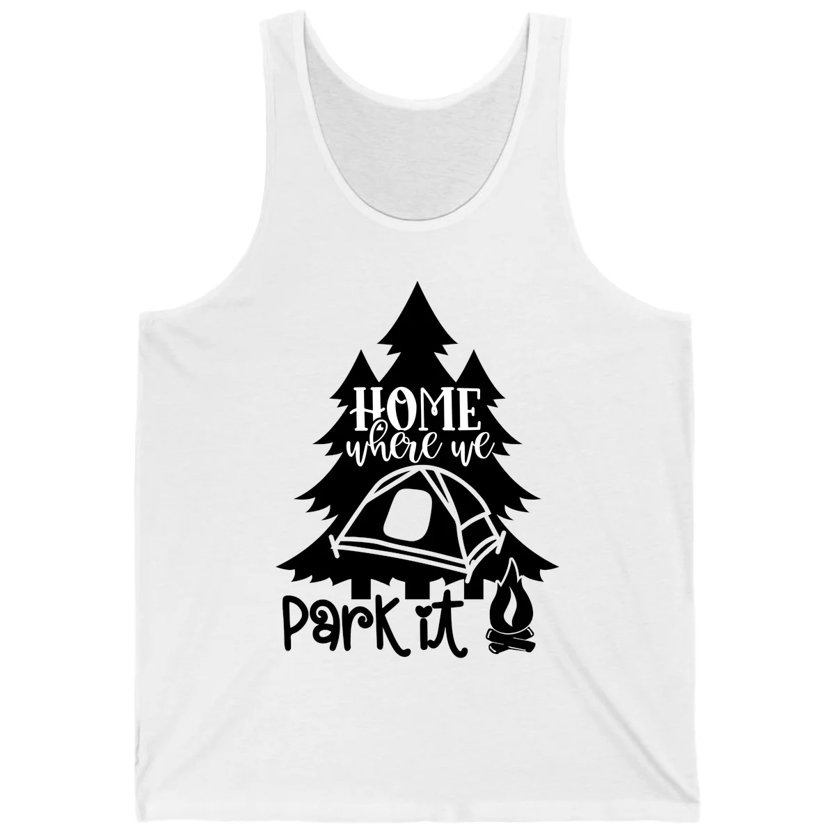 Park it camping design with evergreen trees, pitched tent, and campfire illustration with text in White