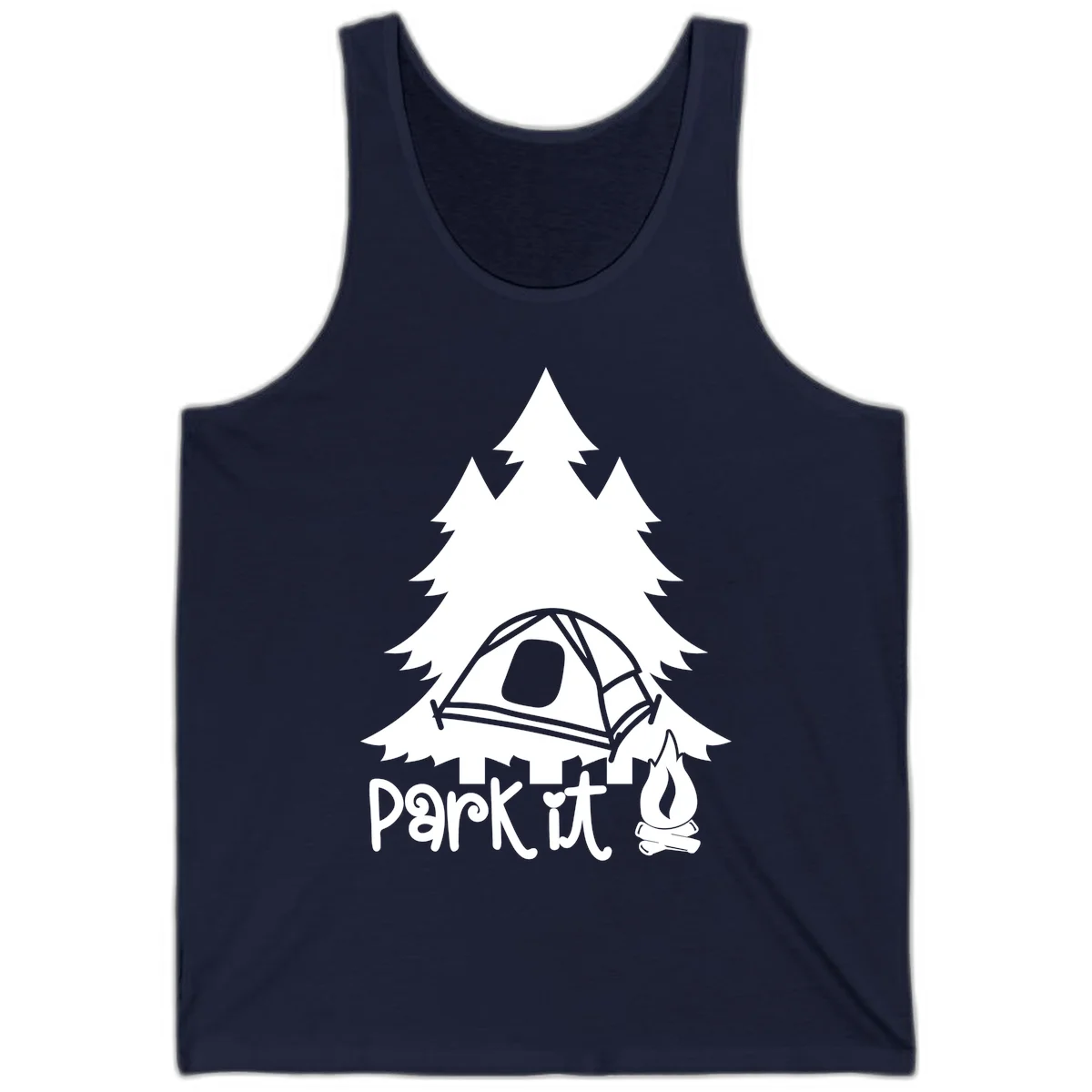 Park it camping design with evergreen trees, pitched tent, and campfire illustration with text in Navy