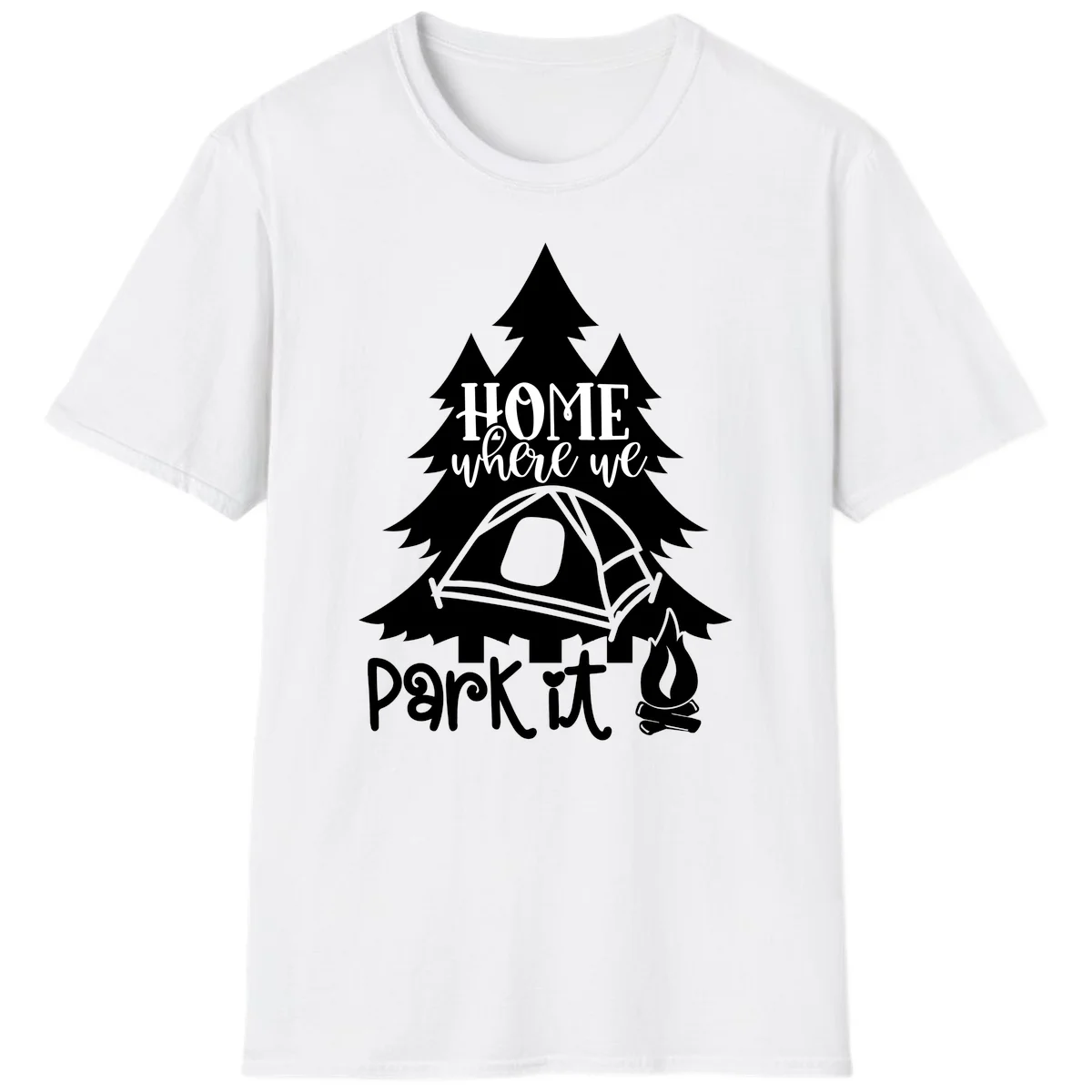 Park it camping design with evergreen trees, pitched tent, and campfire illustration with text in White