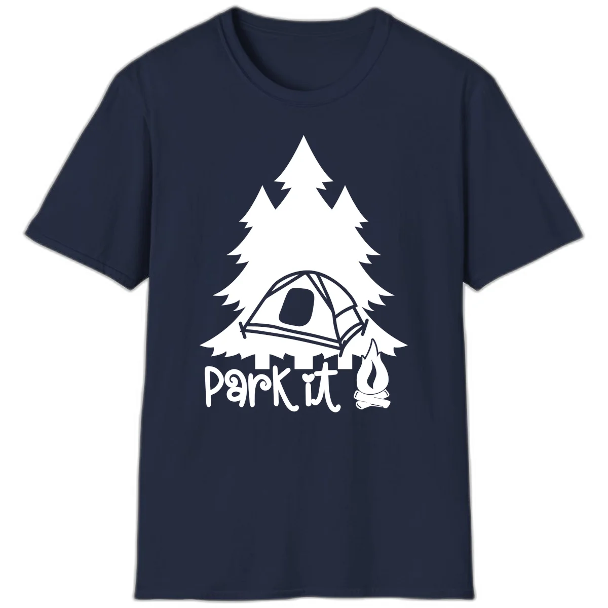 Park it camping design with evergreen trees, pitched tent, and campfire illustration with text in Navy
