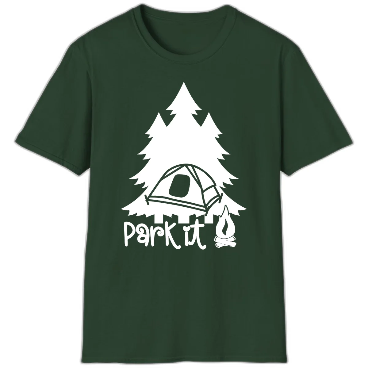 Park it camping design with evergreen trees, pitched tent, and campfire illustration with text in Forest Green