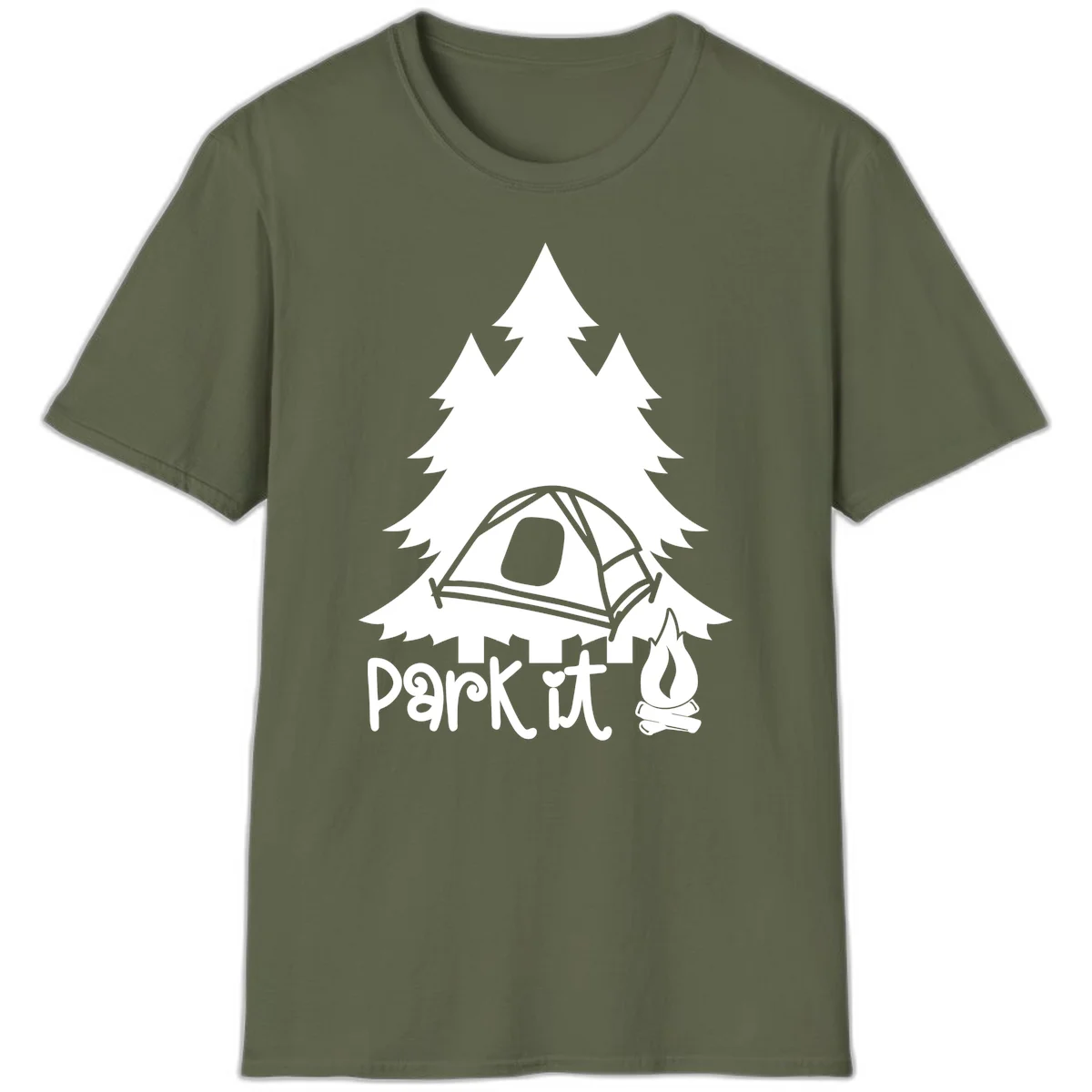 Park it camping design with evergreen trees, pitched tent, and campfire illustration with text in Military Green