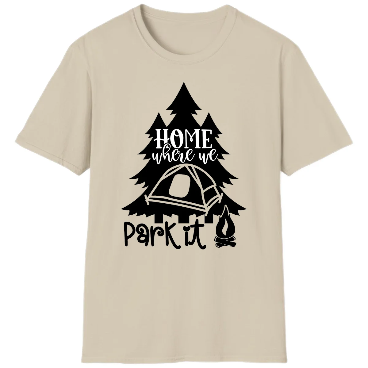 Park it camping design with evergreen trees, pitched tent, and campfire illustration with text in Sand