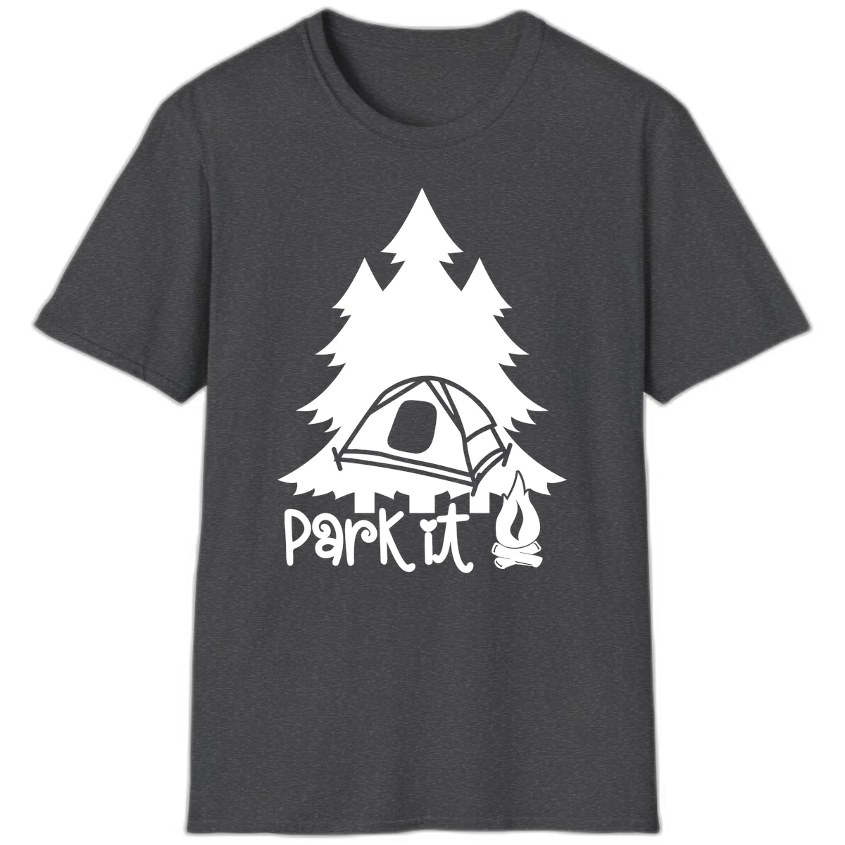 Park it camping design with evergreen trees, pitched tent, and campfire illustration with text in Dark Heather