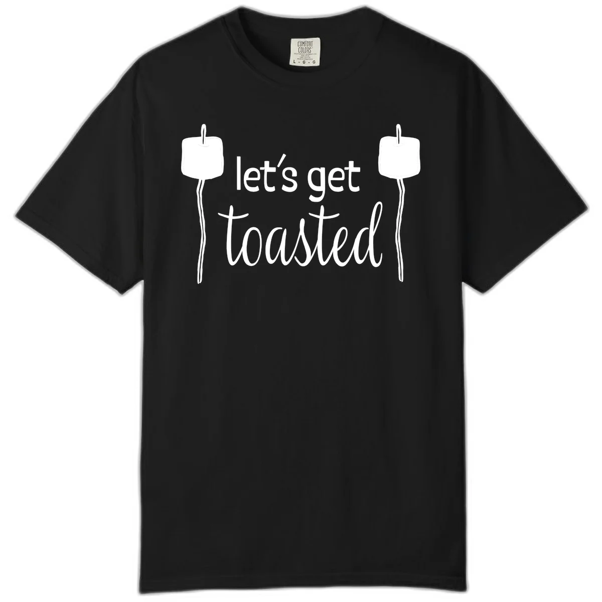 Illustration of two roasting sticks with marshmallows and text reading 'let's get toasted' in a minimalist camping design in Black