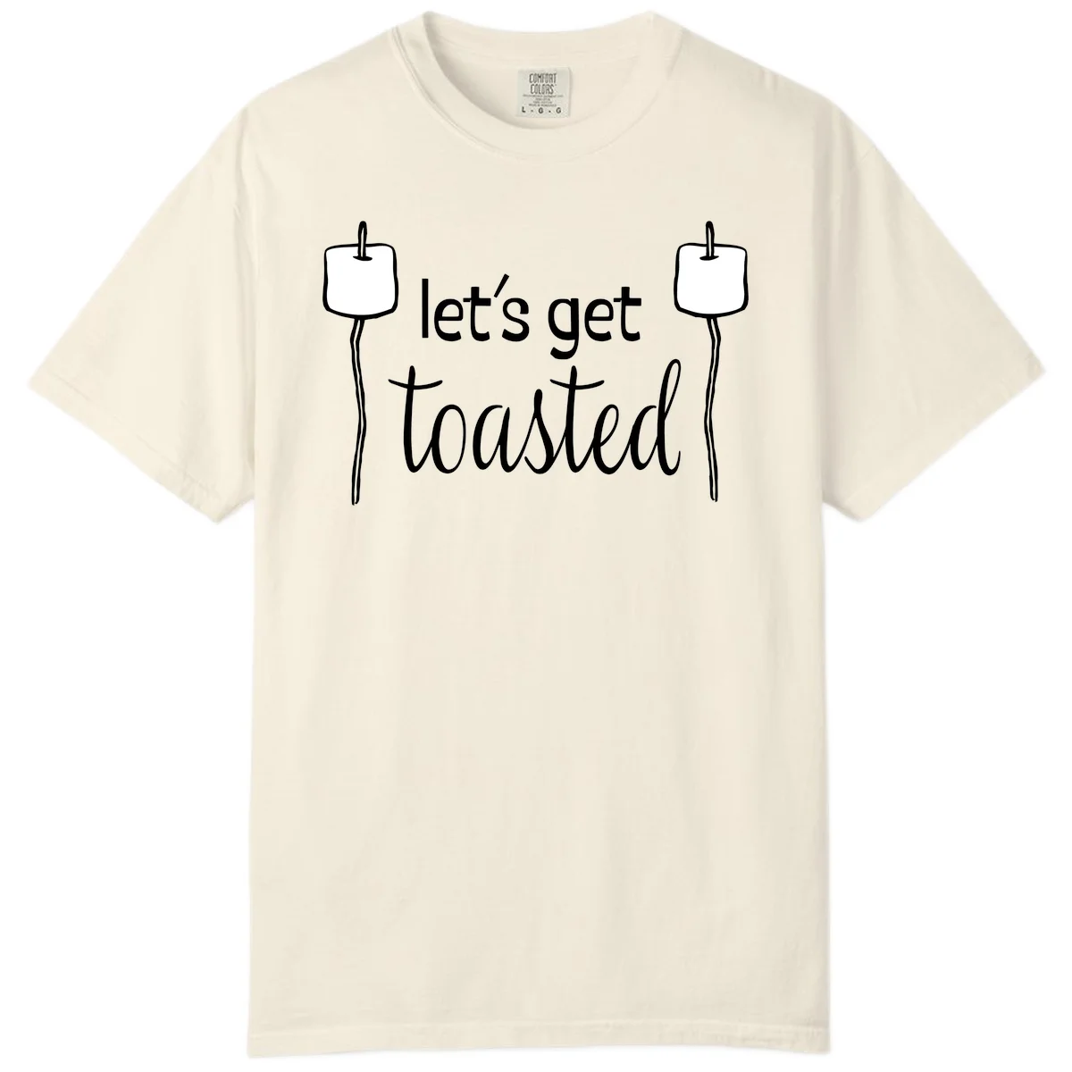 Illustration of two roasting sticks with marshmallows and text reading 'let's get toasted' in a minimalist camping design in Ivory