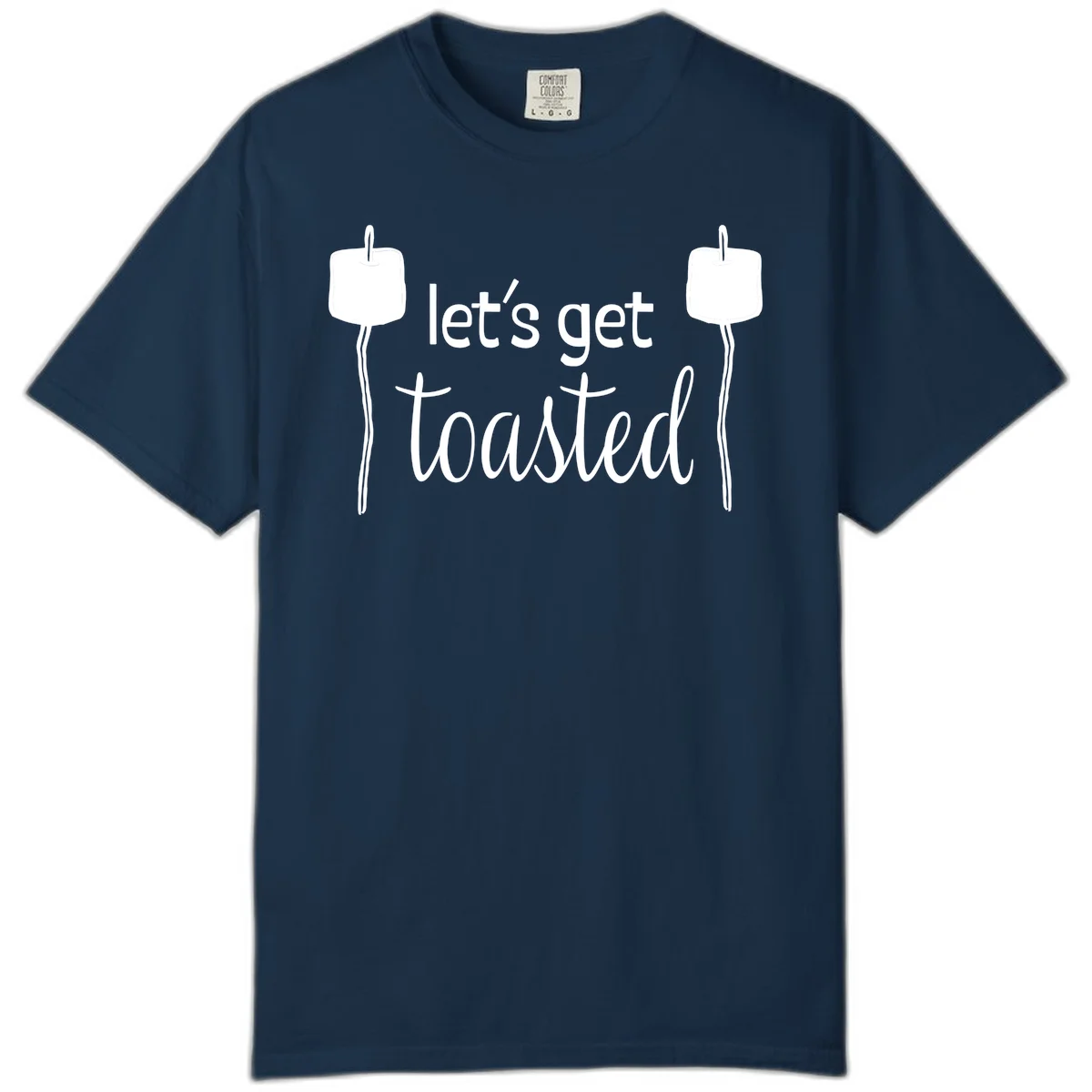 Illustration of two roasting sticks with marshmallows and text reading 'let's get toasted' in a minimalist camping design in True Navy