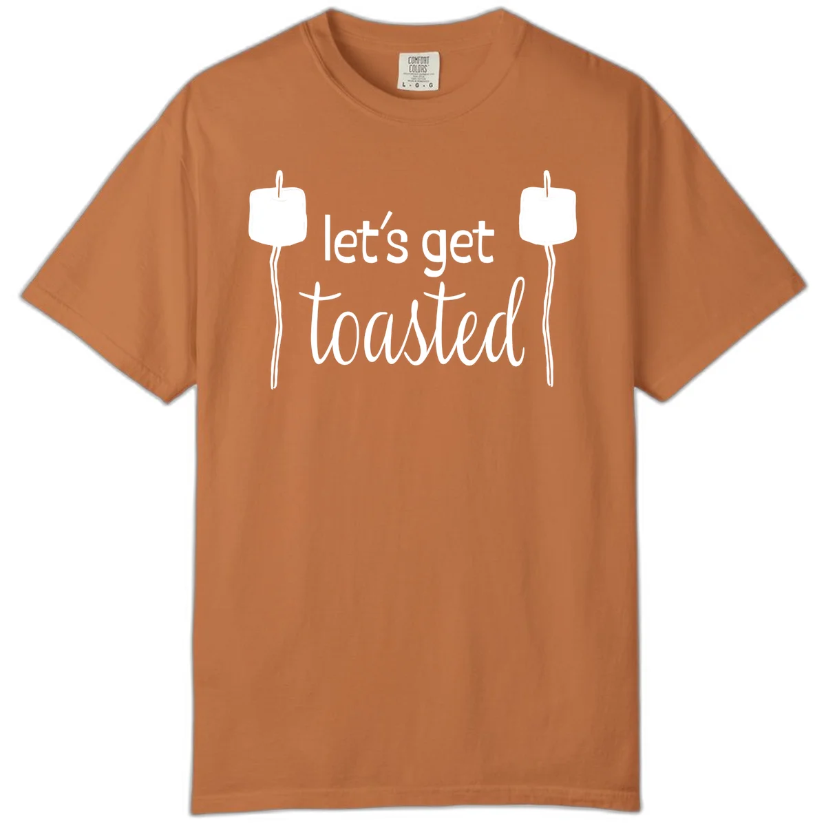 Illustration of two roasting sticks with marshmallows and text reading 'let's get toasted' in a minimalist camping design in Yam