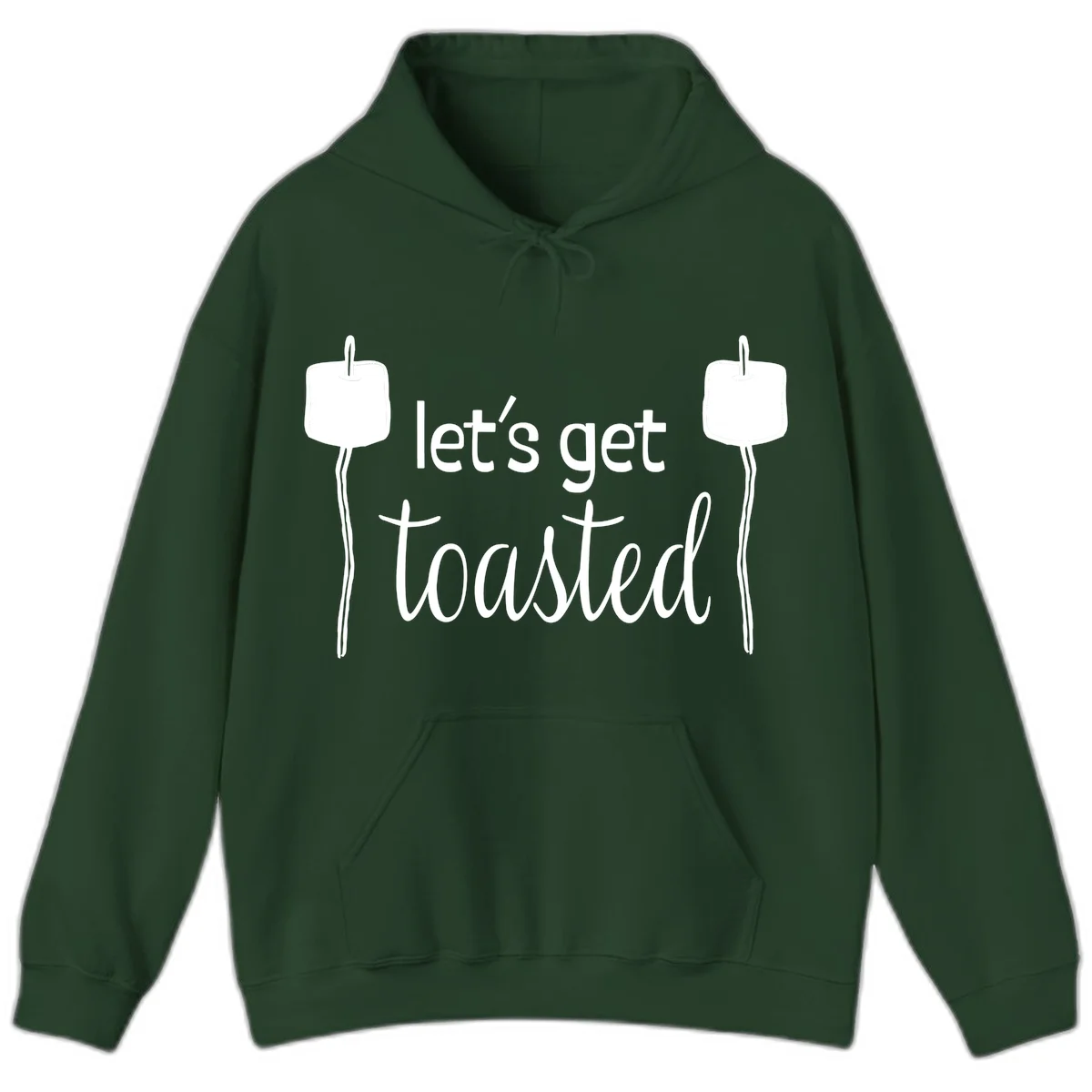 Illustration of two roasting sticks with marshmallows and text reading 'let's get toasted' in a minimalist camping design in Forest Green