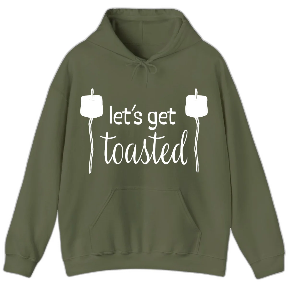 Illustration of two roasting sticks with marshmallows and text reading 'let's get toasted' in a minimalist camping design in Military Green