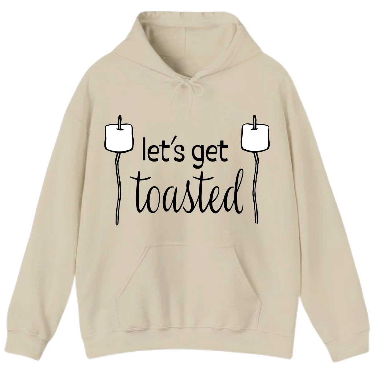 Illustration of two roasting sticks with marshmallows and text reading 'let's get toasted' in a minimalist camping design in Sand