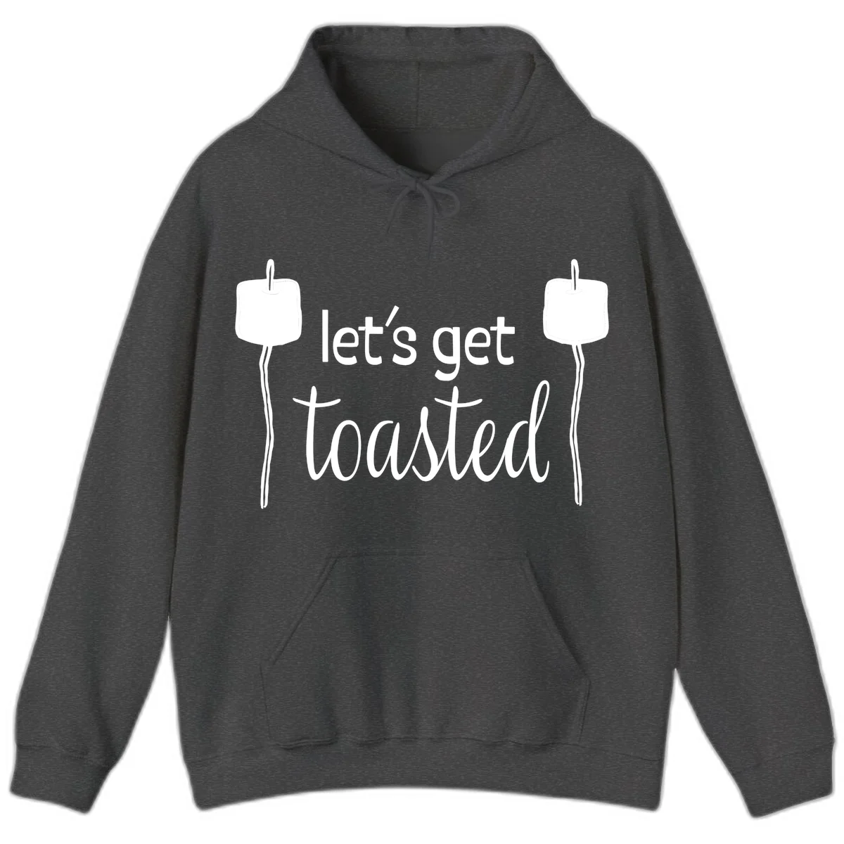 Illustration of two roasting sticks with marshmallows and text reading 'let's get toasted' in a minimalist camping design in Dark Heather