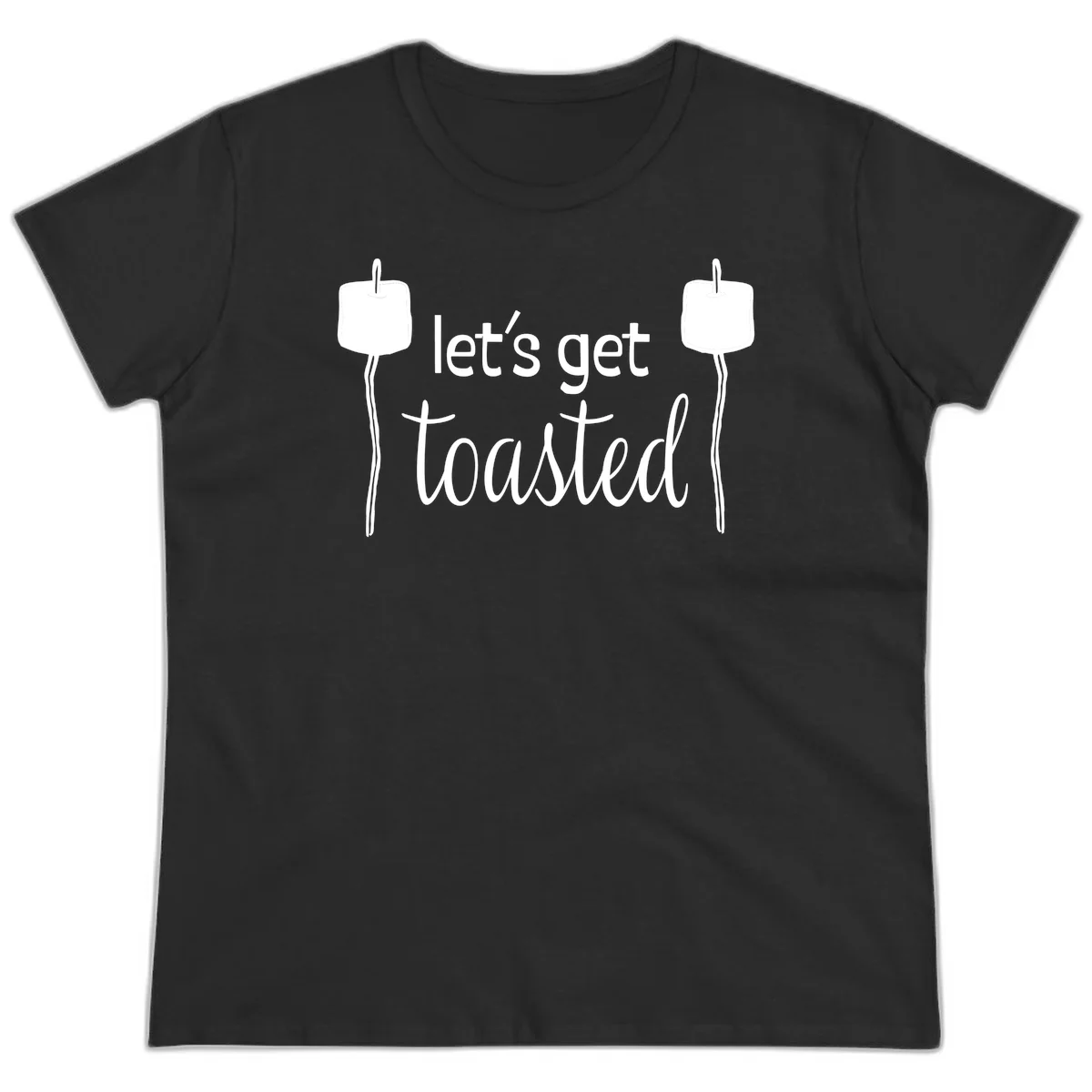 Illustration of two roasting sticks with marshmallows and text reading 'let's get toasted' in a minimalist camping design in Black
