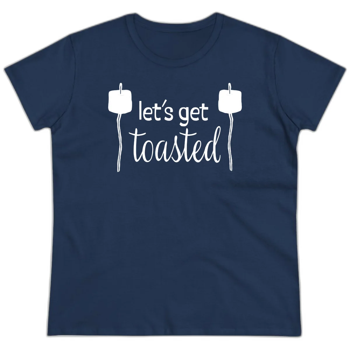 Illustration of two roasting sticks with marshmallows and text reading 'let's get toasted' in a minimalist camping design in Navy