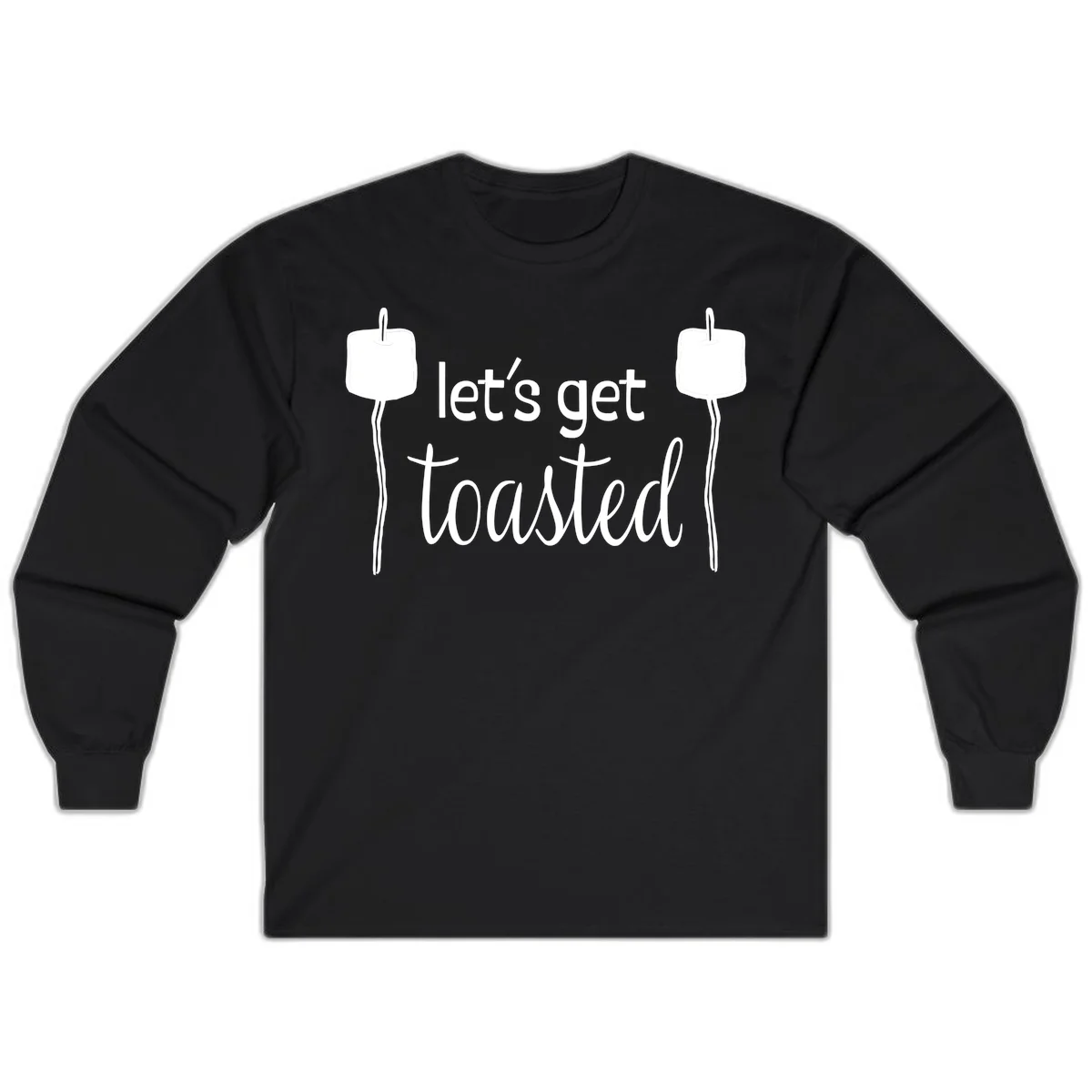Illustration of two roasting sticks with marshmallows and text reading 'let's get toasted' in a minimalist camping design in Black