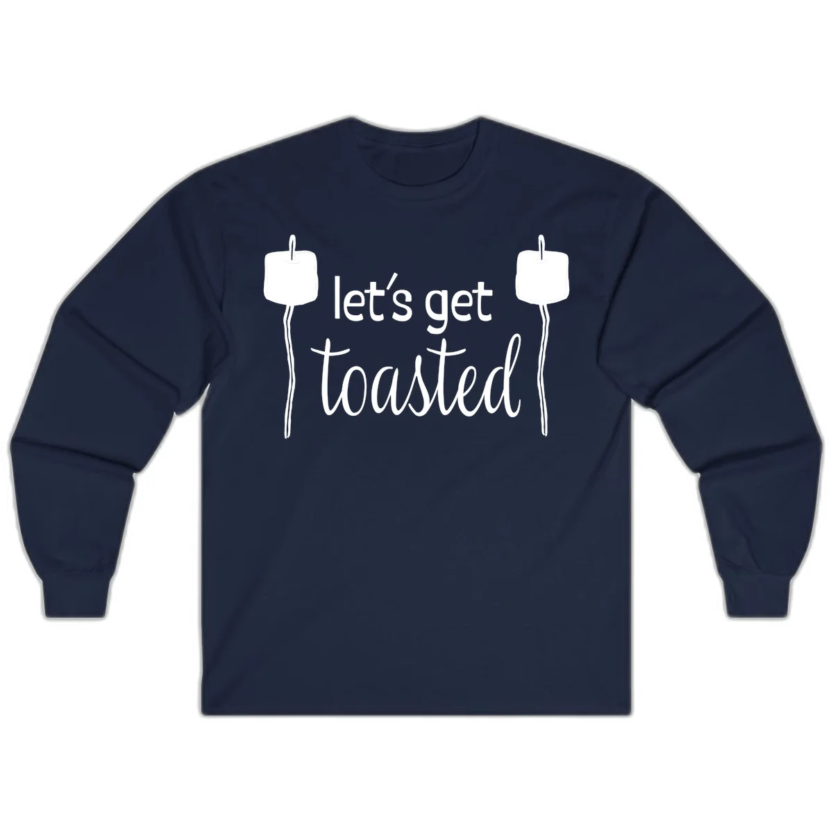 Illustration of two roasting sticks with marshmallows and text reading 'let's get toasted' in a minimalist camping design in Navy
