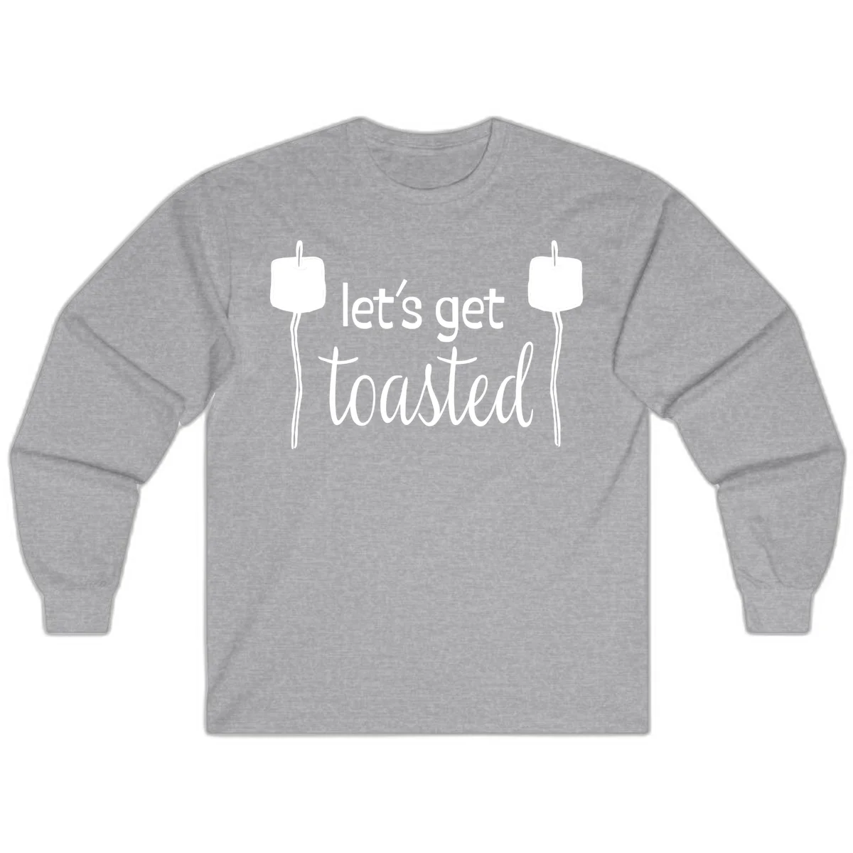 Illustration of two roasting sticks with marshmallows and text reading 'let's get toasted' in a minimalist camping design in Sport Grey