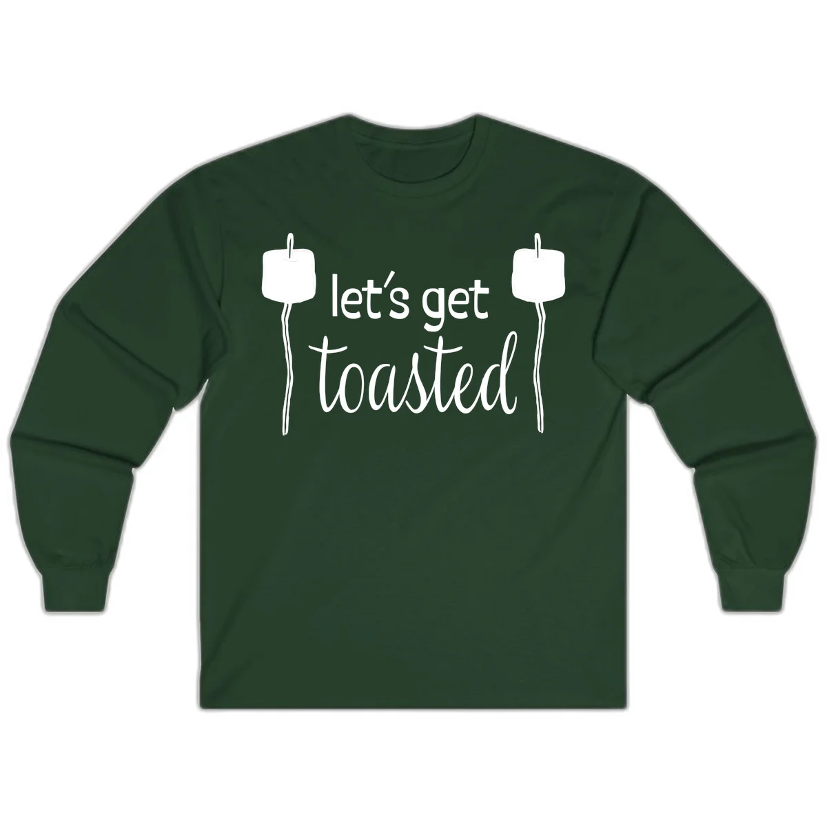 Illustration of two roasting sticks with marshmallows and text reading 'let's get toasted' in a minimalist camping design in Forest Green