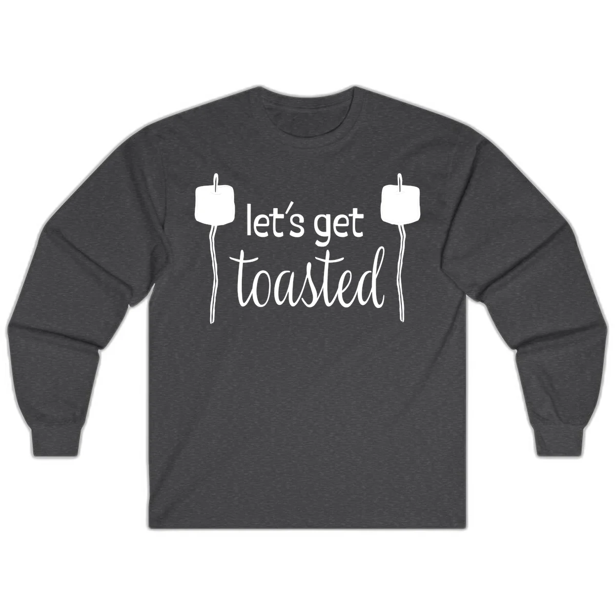 Illustration of two roasting sticks with marshmallows and text reading 'let's get toasted' in a minimalist camping design in Dark Heather