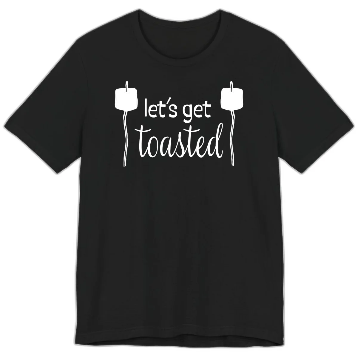 Illustration of two roasting sticks with marshmallows and text reading 'let's get toasted' in a minimalist camping design in Black