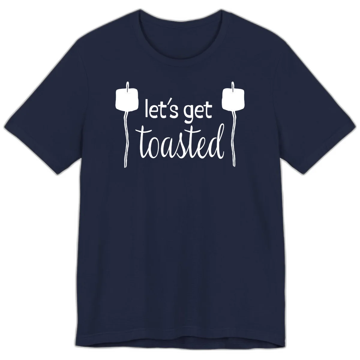 Illustration of two roasting sticks with marshmallows and text reading 'let's get toasted' in a minimalist camping design in Navy
