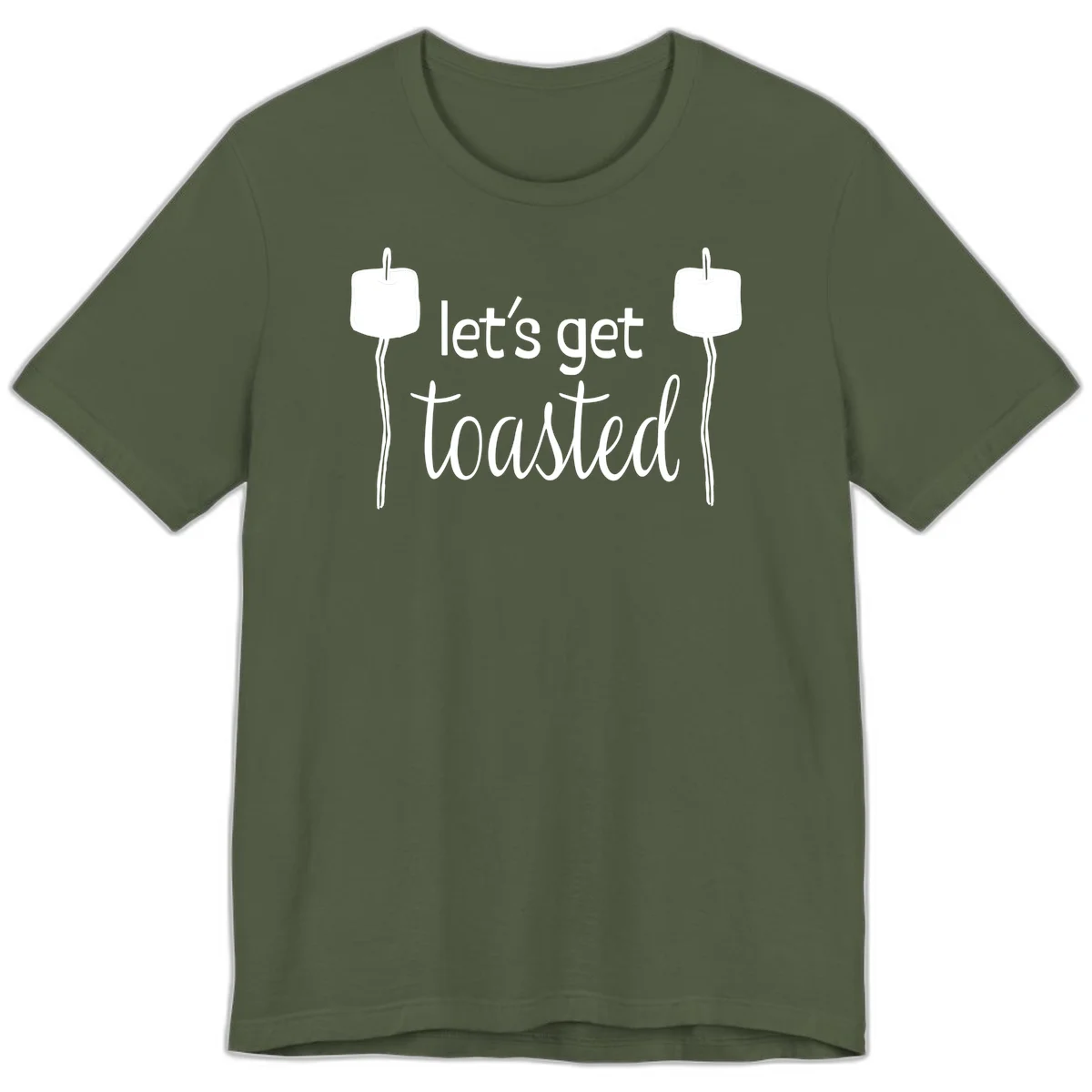 Illustration of two roasting sticks with marshmallows and text reading 'let's get toasted' in a minimalist camping design in Military Green