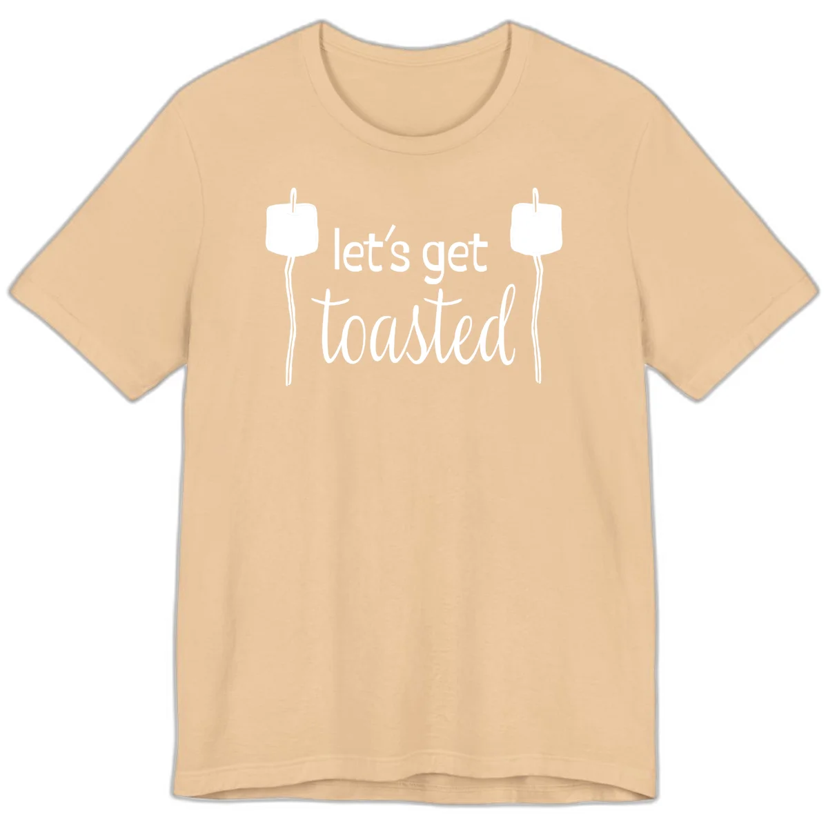 Illustration of two roasting sticks with marshmallows and text reading 'let's get toasted' in a minimalist camping design in Sand Dune