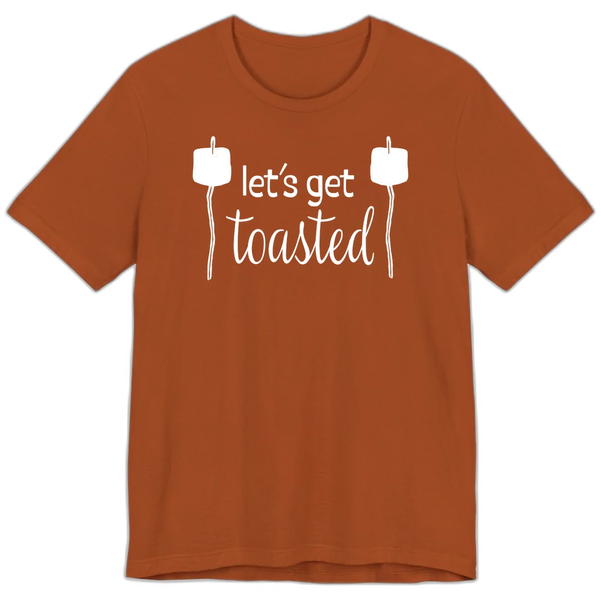 Illustration of two roasting sticks with marshmallows and text reading 'let's get toasted' in a minimalist camping design in Autumn