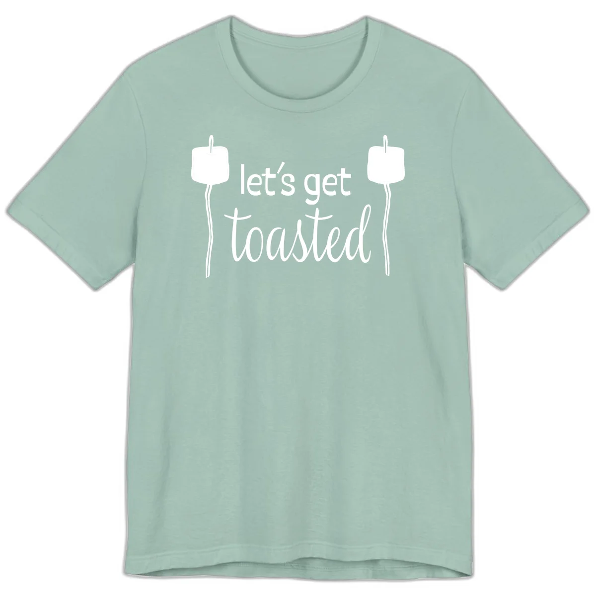 Illustration of two roasting sticks with marshmallows and text reading 'let's get toasted' in a minimalist camping design in Dusty Blue