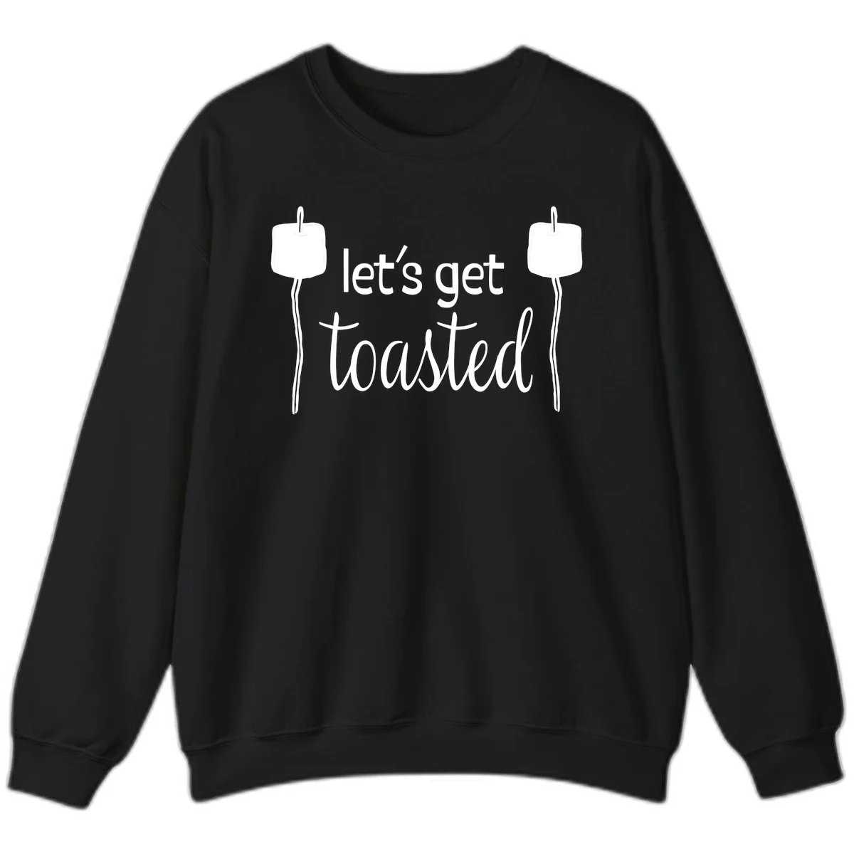 Illustration of two roasting sticks with marshmallows and text reading 'let's get toasted' in a minimalist camping design in Black